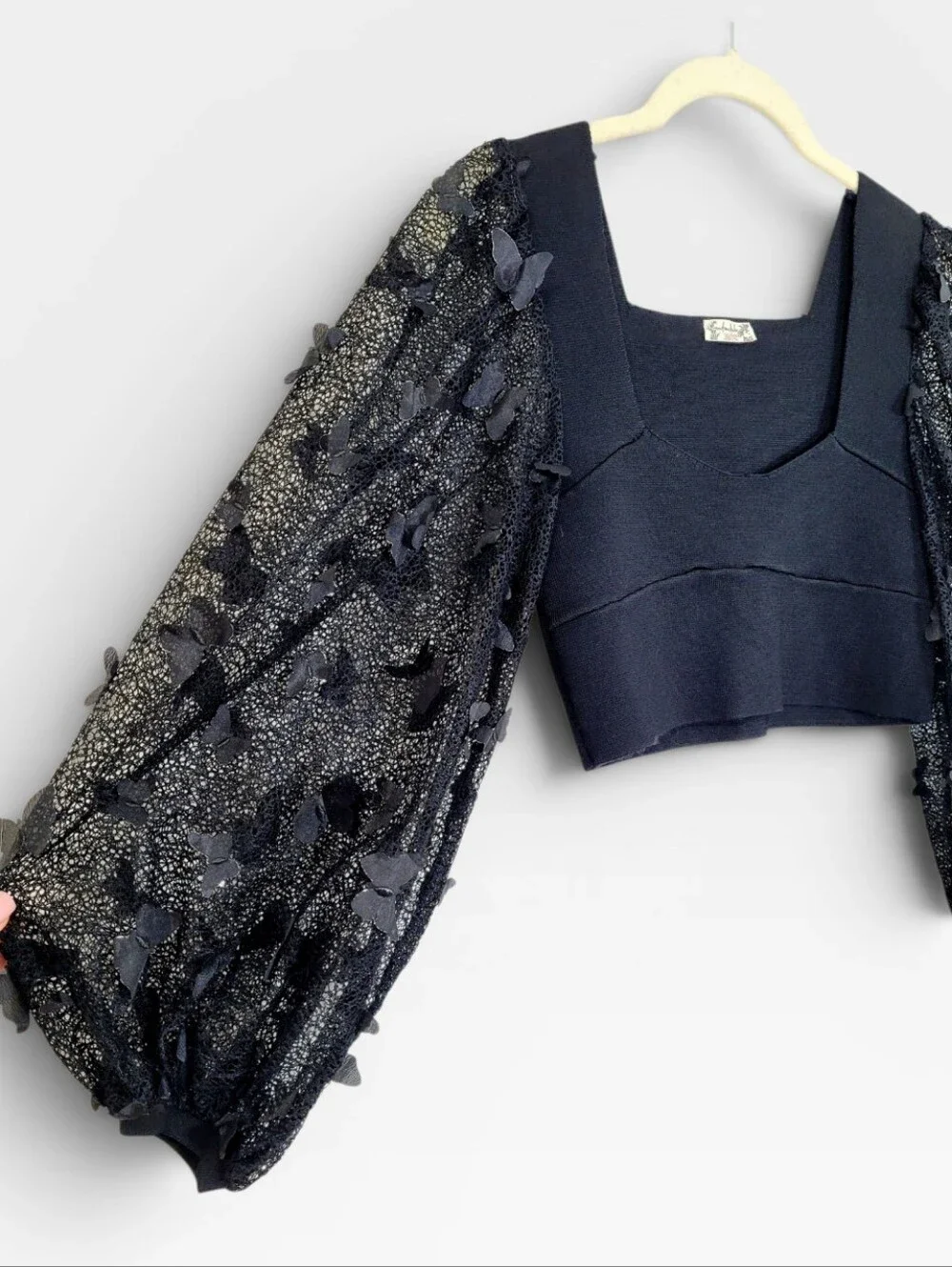 INTIMATELY FREE PEOPLE Flutter By Sheer Mesh Puff Sleeve Butterfly Crop Top S